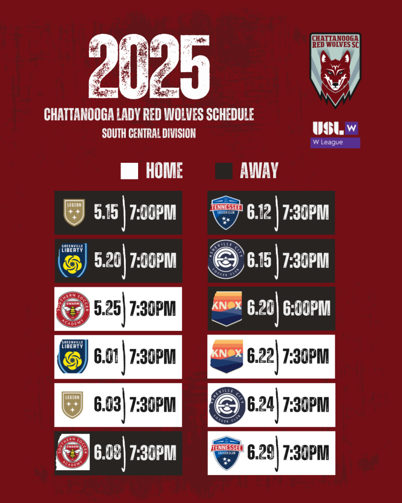 2025 Chattanooga Lady Red Wolves Schedule for the USL W League